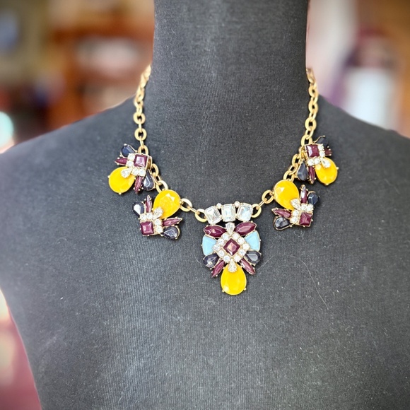J Crew Art Deco Statement Necklace Blue, Purple, Yellow, Rhinestone Gold Tone - Picture 10 of 10
